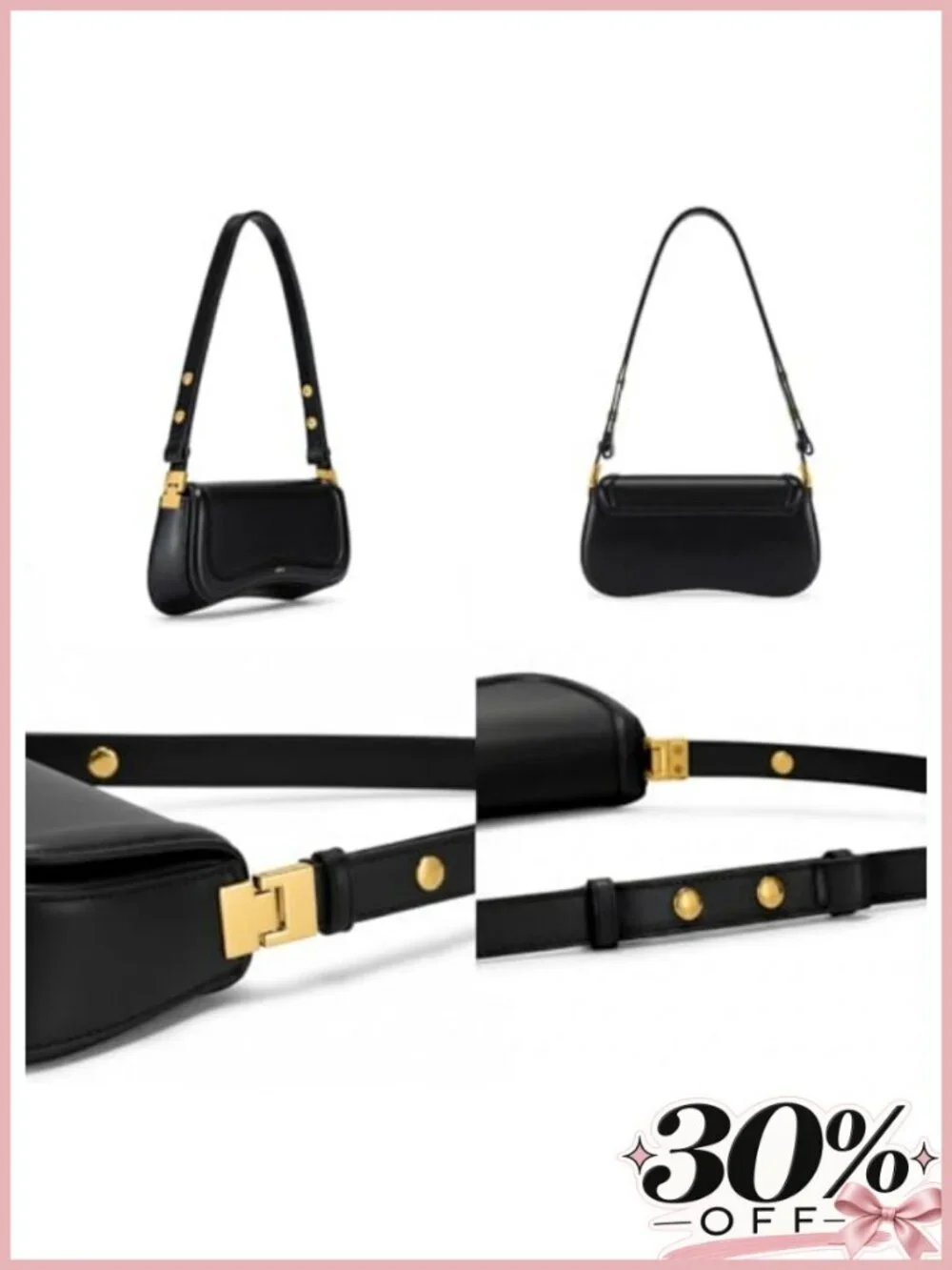 Vegan Leather Shoulder Bag Magnetic Snap Adjustable Strap